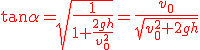 3$\red \tan\alpha = \sqrt{\frac 1{1+\frac{2gh}{v_0^2}}}=\frac{v_0}{\sqrt{v_0^2+2gh}}